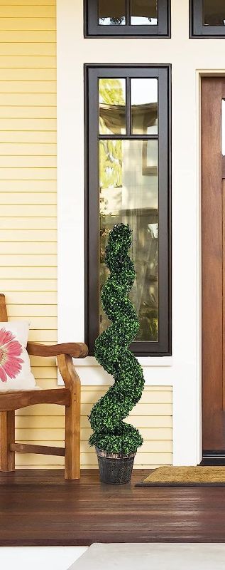 Photo 1 of  Artificial Boxwood Spiral Topiary Tree, Fake Greenery Plants, Leaves & Cement-Filled Plastic Flower Pot Decorative Trees for Porch Home Office Indoor Outdoor
