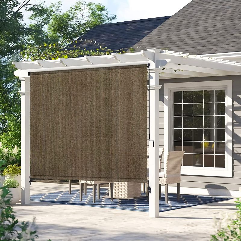 Photo 1 of Amagenix Outdoor Roller Shades 6'(W) x 6'(H), Exterior Cordless Patio Shades Roll up Outdoor Blinds for Porch Gazebo, Mocha
