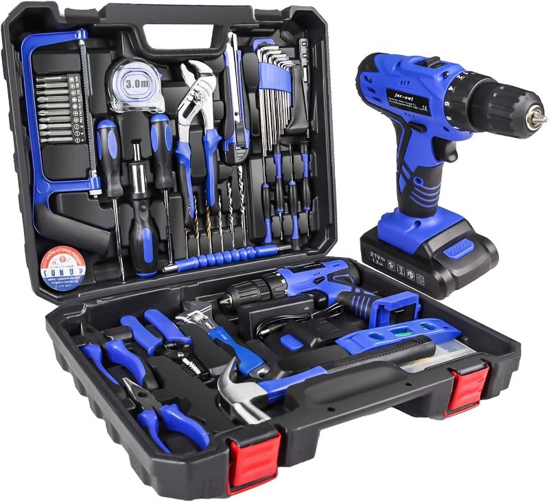 Photo 1 of 21V Tool Set with Drill, 350 in-lb Torque, 0-1350RMP Variable Speed, 10MM 3/8'' Keyless Chuck, 18+1 Clutch, 1.5Ah Li-Ion Battery & Charger for Home Tool Kit