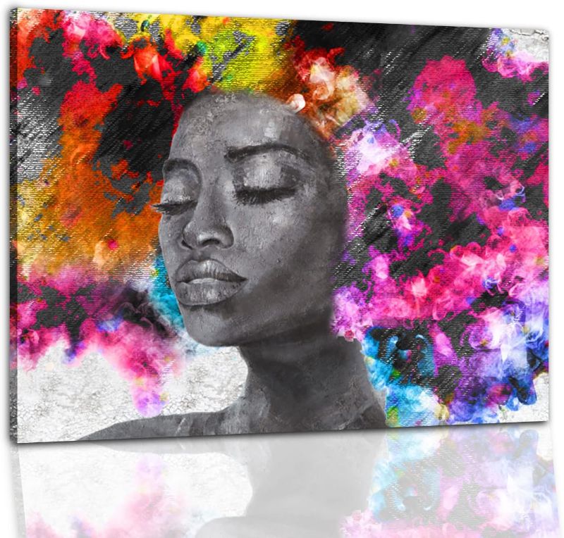 Photo 1 of African American Fashion Beauty Black Women Girl Portrait Prints Art Wall Decor for Home - Colorful Hair Abstract Framed Canvas Painting High Definition Giclee Prints - Original Design Picture, Ready to Hang 27"W x 18"H
