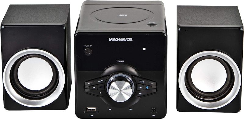 Photo 1 of Magnavox MM442 3-Piece Top Loading CD Shelf System with Digital PLL FM Stereo Radio, Bluetooth Wireless Technology, and Remote Control in Black | Blue Lights | LED Display | AUX Port Compatible |
