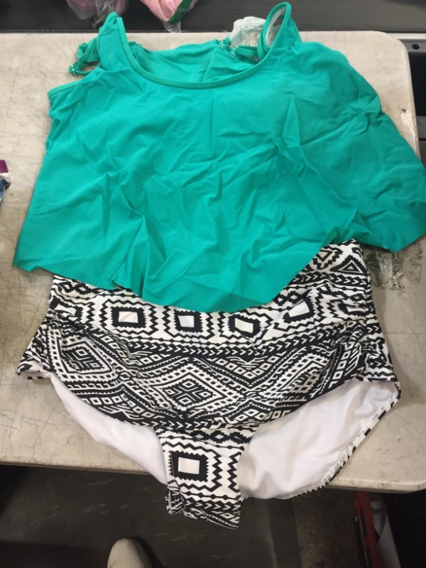 Photo 1 of 2 PIECE BATHING SUIT - TEAL/BLACK AND WHITE PATTERN 
SIZE- LARGE