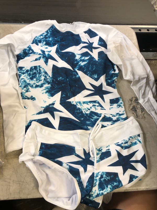 Photo 1 of 2 PIECE BATHING SUIT -LONG SLEEVE- WHITE/BLUE 
SIZE- SMALL 