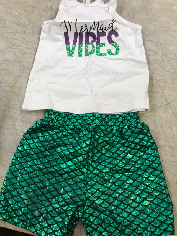Photo 2 of 2Pcs Baby Girls Summer Mermaid Vibes Letter Printed Vest Tops Short Pant Sets White 3-4 Years