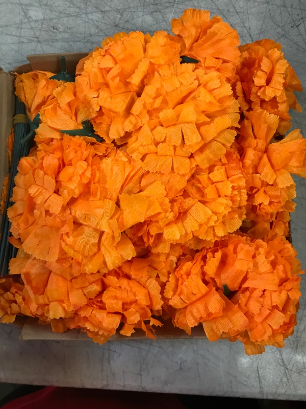 Photo 2 of 3.5'' Artificial Marigold Flowers 50pcs Fake Marigold Flowers Head for Diwali Decoration, Indian Festival, Day of The Dead DIY Marigolds Wreath Garland Craft Wedding Party Home Decor, Orange