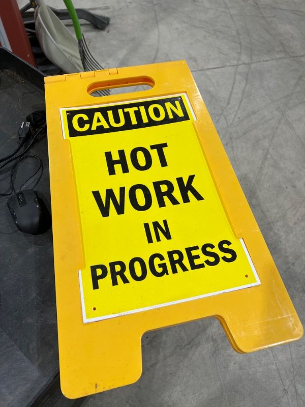 Photo 2 of SmartSign-SF-0231-FB "Caution - Hot Work In Progress" Folding Floor Sign | 25" x 12" Plastic , Black on Yellow