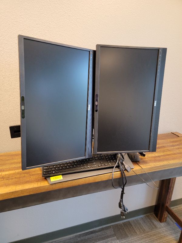 Photo 1 of 2 Dell Monitors,  1 Dell Keyboard,  2 Monitor Holder