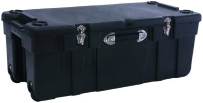 Photo 1 of EXTRA LARGE PLASTIC ROLLING TRUNK WITH STRAPS AND MISCELLANEOUS ITEMS INSIDE.