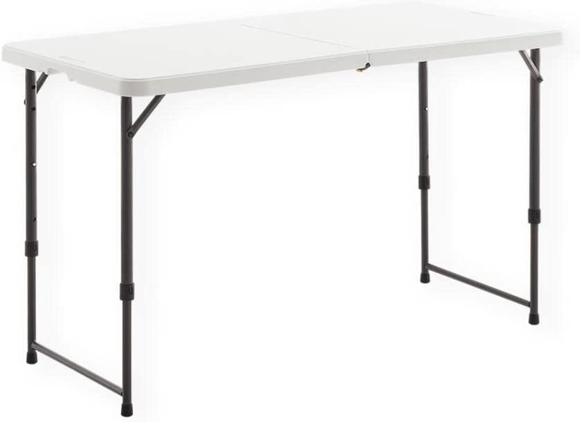 Photo 1 of Living and More 4 Foot Height Adjustable Fold-in-Half Table with Carrying Handle, Easy Folding and Storage, Indoor Outdoor Use, White
