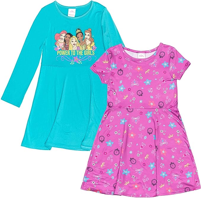 Photo 1 of Disney Princess Tiana Belle Moana Ariel Rapunzel Short & Long Sleeve Dress 2 Pack 10-12
