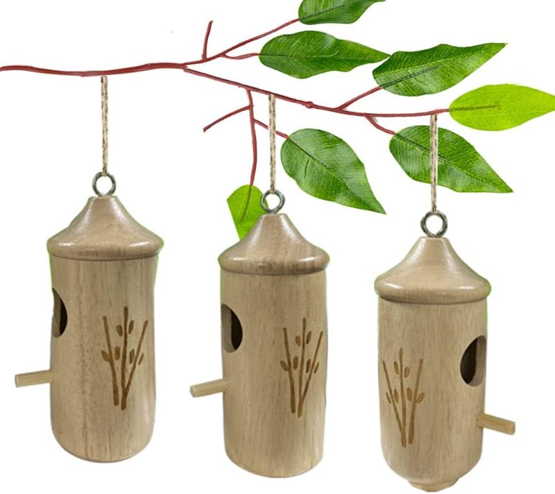 Photo 1 of 2023 New Hummingbird Houses,Natural Wooden Hummingbird Houses for Outside Hanging, Wooden Humming Bird Nest with Hemp Ropes,Bird Houses for Garden Window Outdoor Home (D)
