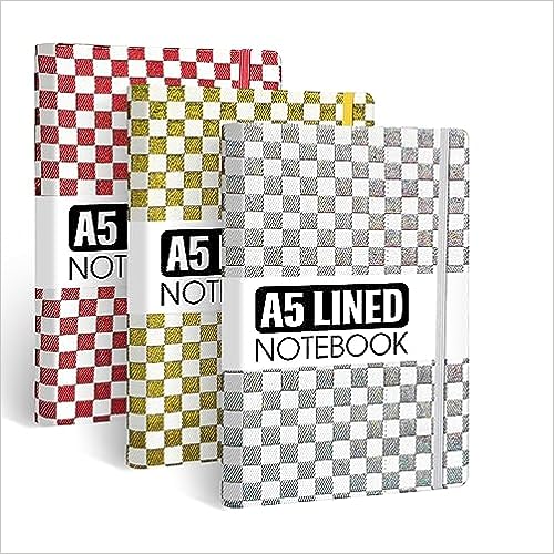 Photo 1 of Everoyall Lined Checkered Pattern Journal Notebooks, 3 Pack (Red, Silver, Yellow), 160 Pages, Medium 5.7 inches x 8 inches - 100 GSM Thick Paper
