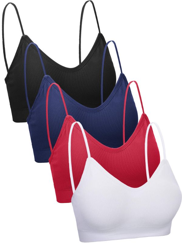 Photo 1 of 4 Pieces V Neck Cami Bra Padded Seamless Bralette Straps Sleeping Bra for Women Girls Small/Medium Black, White, Wine Red, Navy Blue