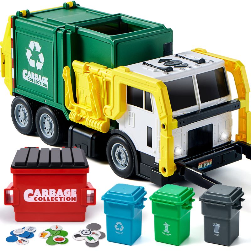 Photo 1 of JOYIN Toys for 3+ Yesrs Old Boys, 16" Large Garbage Truck Toy, Friction Powered Waste Management Garbage Truck with Lights and Sounds, Front Load Dumpster, Trash Bins with Trash Cards, Toddlers Gifts