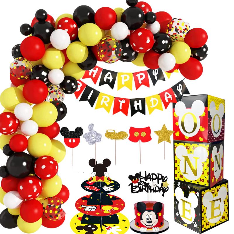 Photo 1 of Black Yellow Mouse 1st Birthday Party Favors Balloon Boxes Decorations, 3Pcs Black Yellow Mouse Cartoon Theme One Years Old Birthday Balloon Boxes,Balloon Garland Arch,Banner,Cake Toppers,Cupcake Stands,for First Birthday Party Decorations Supplies