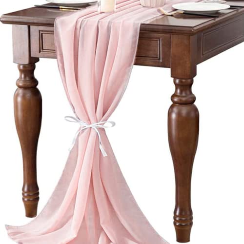 Photo 1 of AHHFSMEI Blushing Pink Chiffon Table Runner 10FT 29x120 Inches Romantic Wedding Table Runner for Bridal Shower Birthday Banquet Party Decoration Light Pink