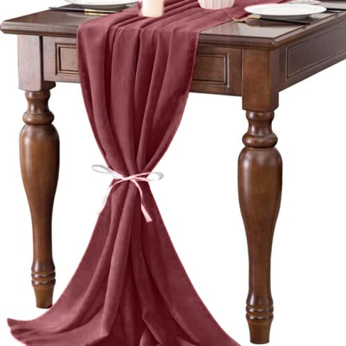 Photo 1 of AHHFSMEI Burgundy Chiffon Table Runner 10FT 29x120 Inches Romantic Wedding Table Runner for Bridal Shower Birthday Banquet Party Decoration Wine