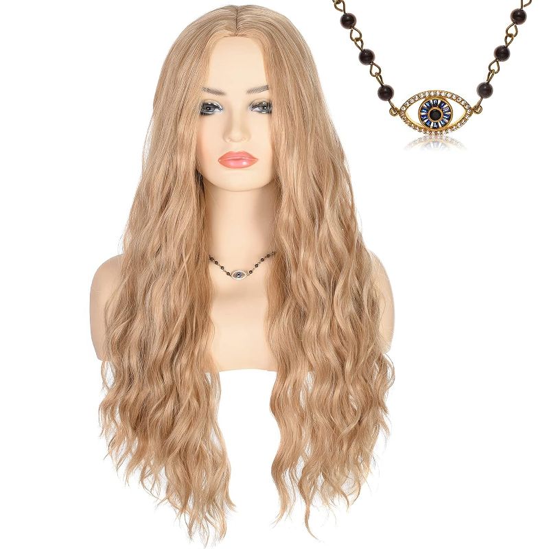 Photo 1 of  Sanderson Wig Costume Adult Women Galadriel Cosplay Wig Long Blonde Wavy Middle Part Synthetic Hair Wig for Elf Princess Witches Sisters Costume Halloween Party Including Necklace (Blonde)