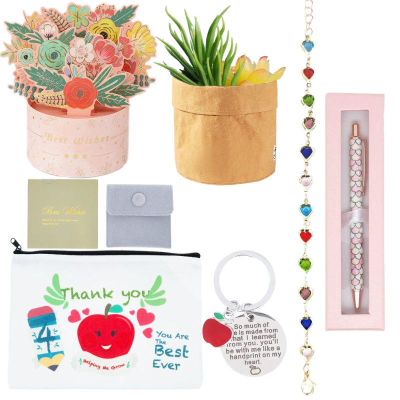 Photo 1 of Teacher Gifts for Women - Teacher Appreciation Gifts,Hearts Shape Bracelets,Succulent Plant Bag,3D Popup Greeting Cards,Apple Keychain,Teacher Cosmetic Pouch Bag,Pen with Gift Box