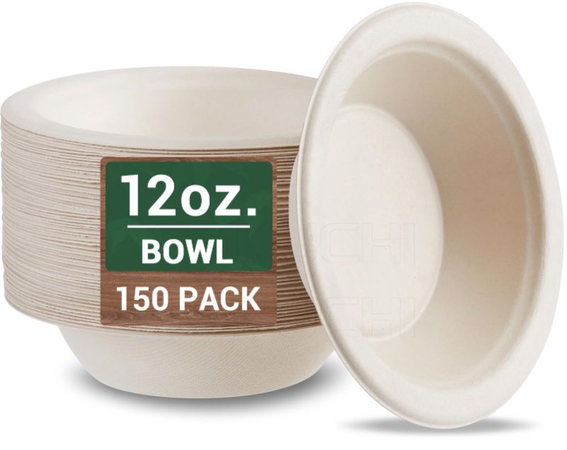 Photo 1 of 100% Compostable Paper Bowls 12 oz Disposable 150 Pack, Made of Natural Bagasse, Biodegradable Paper Bowls Disposable Heavy Duty, Eco-Friendly Disposable Bowls Bulk for Party and Daily Diet 12 oz. Bowls