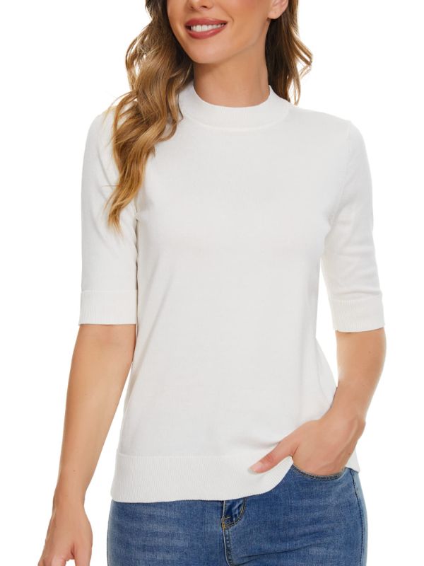 Photo 1 of A ROW Short Sleeve Mock Neck Knit Tops for Women Form-Fitting Basic Tops for Summer Spring Fall Small Off-white