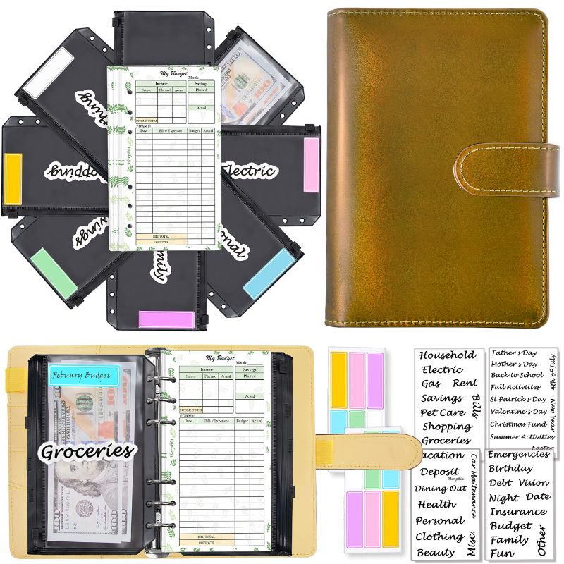 Photo 1 of A6 Money Organizer, 6-Ring Budget Planner kit with Cash envelopes, Budget Refill, Cash Organizers, Matched Stickers and Labels, 7.4"x 5.71" (Harphia, 146-golden Brown) Brown Gold