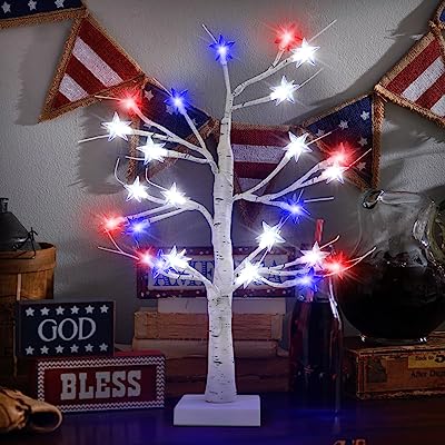 Photo 1 of 4th of July Decorations Patriotic Tree Red White and Blue Lights Lighted Tabletop Lit Tree for The Home Fourth of July Memorial Day Home Decor
