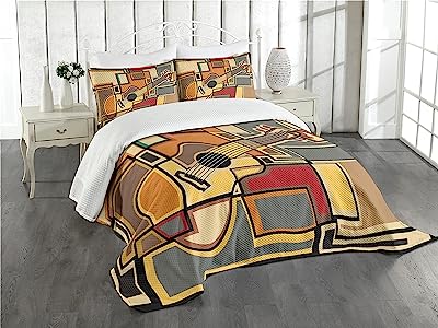 Photo 1 of Ambesonne Music Bedspread, Funky Fractal Geometric Square Shaped Background Acoustic Guitar Art, Decorative Quilted 3 Piece Coverlet Set with 2 Pillow Shams, Queen Size, Pale Yellow
