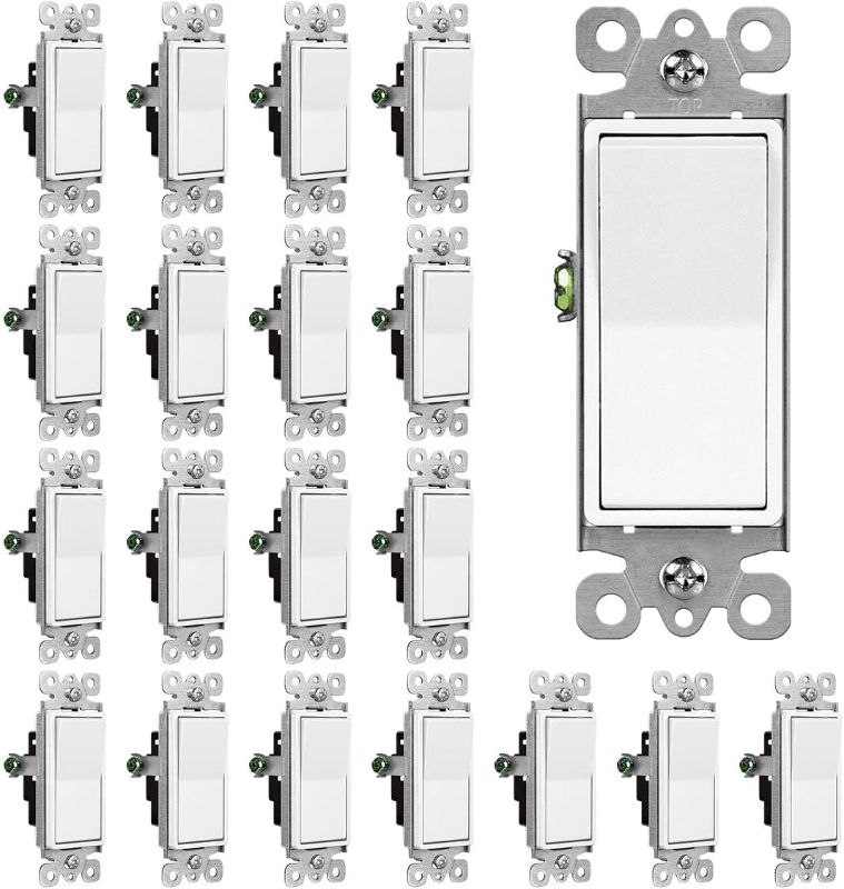 Photo 1 of (20 Pack) CML Decorator Single Pole Light Switch, Rocker Paddle Wall Switch, 15A 120/277V, 3-Year Warranty, White
