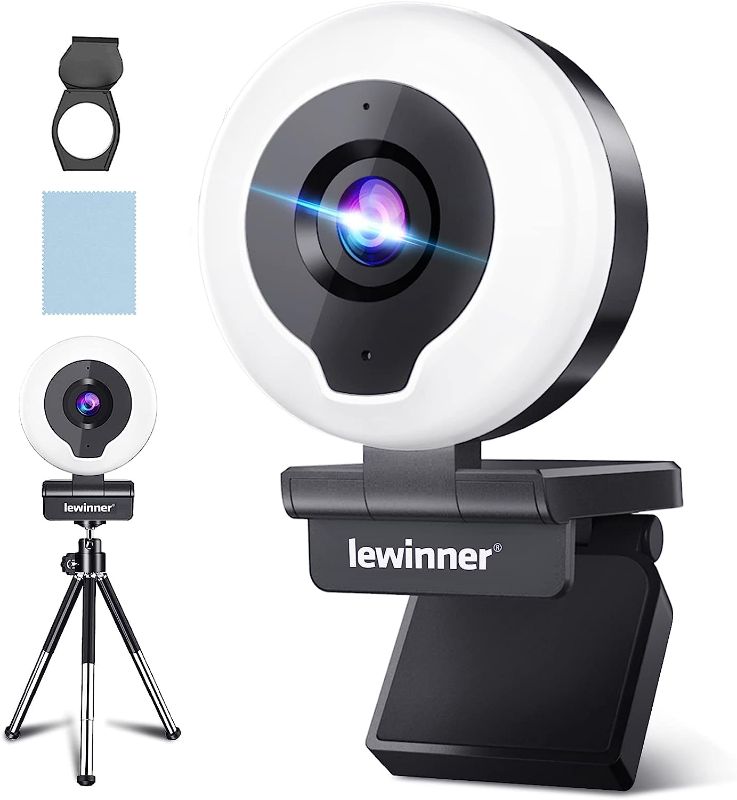 Photo 2 of lewinner 2K Webcam with Ring Light & Tripod & Microphone, HD Streaming Web Camera with Cover-USB AutoFocus Adjustable Brightness PC Video Conference/Teaching, Laptop/Desktop Mac