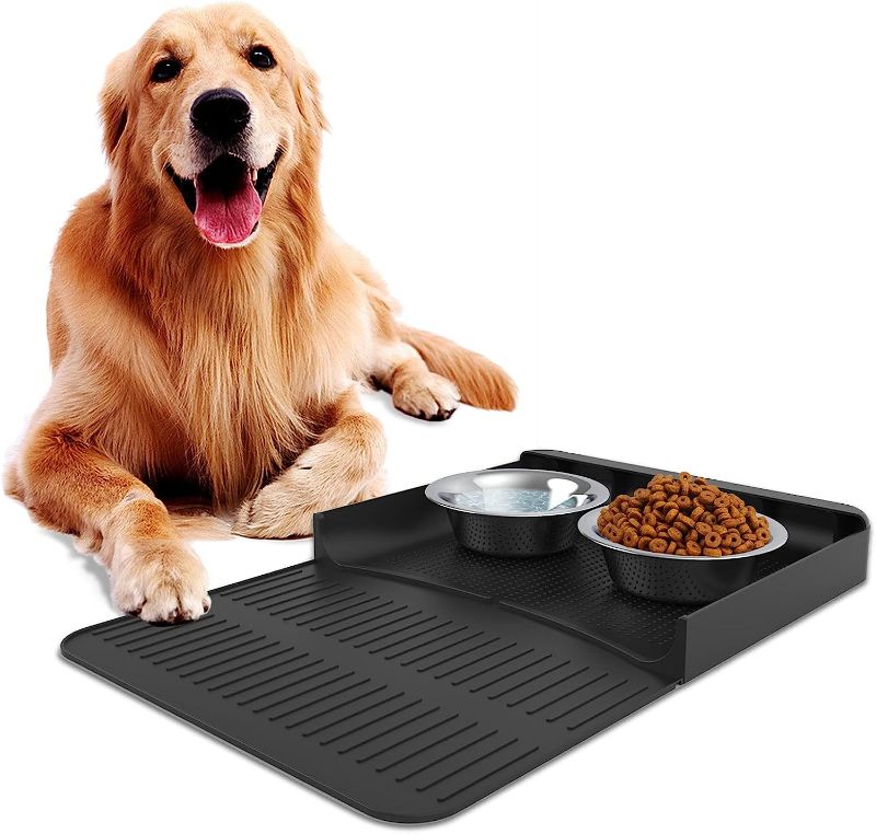 Photo 1 of Dog Food Mat, 20" x 12" Dog Mat for Food and Water, Silicone Pet Feeding Mats with Residue Collection Pocket, Waterproof Nonslip Cat Food Mat, Easy to Clean Dog Bowl Mat(Black)