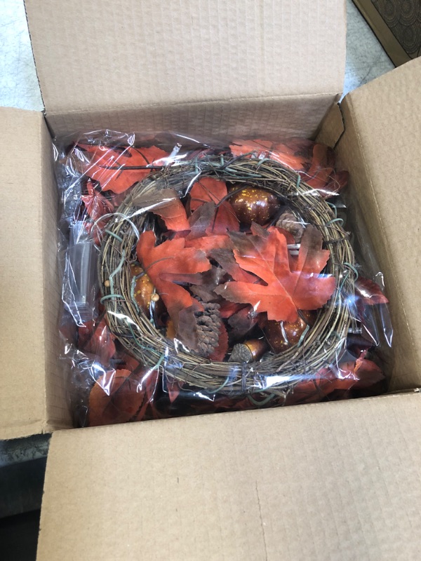 Photo 2 of [ Prelit & Timer ] Fall Wreath 20 Warm Lights Fall Thanksgivings Decorations for Front Door,Artificial Maples Leaf Pumpkin Pine Cone Berry Wreath Autumns Harvest Decor Home Indoor Outdoor 16Inch