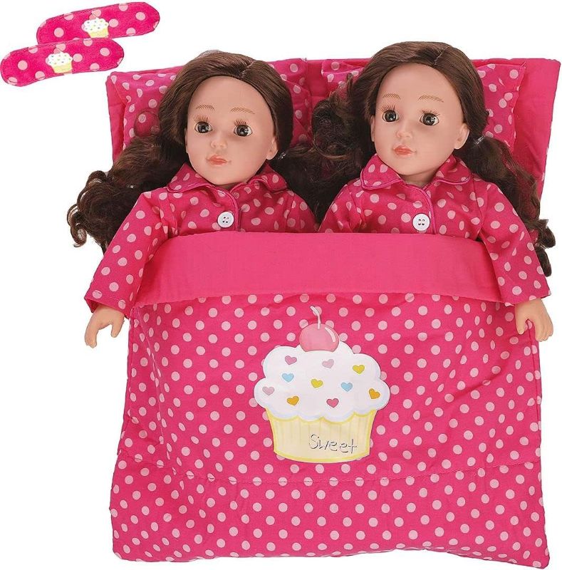 Photo 1 of Beverly Hills Doll Collection Doll Accessories Reversible Twin Sleeping Bag with Attached Pillows - Double Bedding Set for Twin Dolls Sleepover and Slumber Party - Compatible with 18" Girl Dolls

