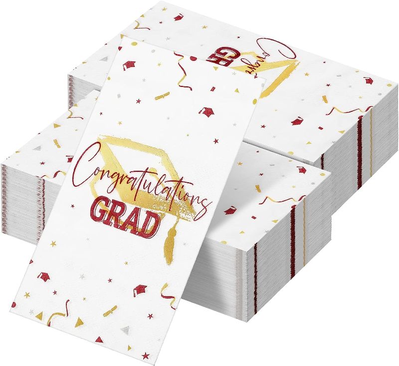 Photo 1 of 100 Sheets Graduation Party Napkins Disposable Congratulation Grad Beverage Cocktail Napkins Paper Towels for 2023 Graduation Celebration Party Supplies Table Decorations (Red and Gold)
