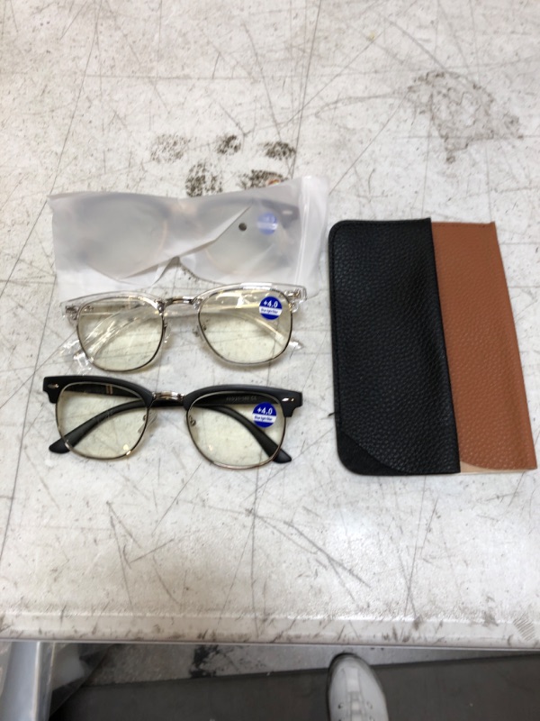 Photo 2 of CCVOO 3 Pack Reading Glasses Blue Light Blocking, Retro Semi Rimless Readers for Men Women, Round Eyewear Filter UV400 (C1 Matte Black Silver/Clear Silver/Tea Gold, 4.0, multiplier_x) C1 Matte Black Silver/Clear Silver/Tea Gold 4.0 x