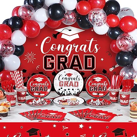 Photo 1 of 294 PCS Graduation Decoration Class of 2023 Party Supplies Kit Congrats Balloons Grad Party Disposable Dinnerware Backdrop Tablecloth for High School College Grad Celebration, Serves 24 (Red)
