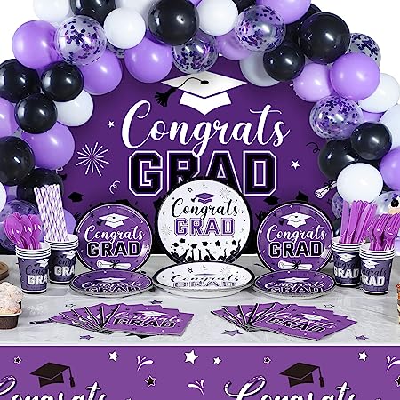 Photo 1 of 277 PCS Graduation Decoration Class of 2023 Party Supplies Kit Congrats Balloons Grad Party Disposable Dinnerware Backdrop Tablecloth for High School College Grad Celebration, Serves 24 (Purple)
