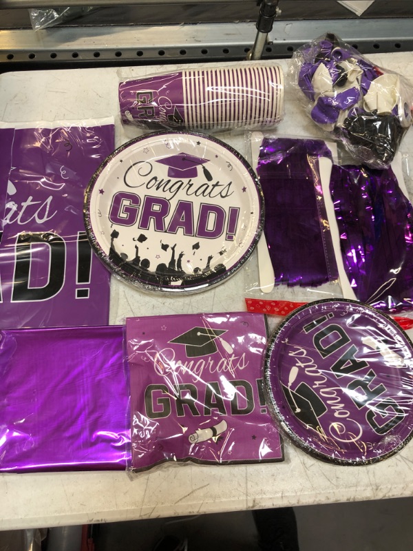 Photo 2 of 277 PCS Graduation Decoration Class of 2023 Party Supplies Kit Congrats Balloons Grad Party Disposable Dinnerware Backdrop Tablecloth for High School College Grad Celebration, Serves 24 (Purple)
