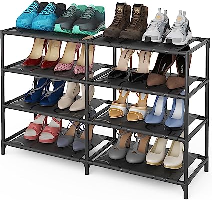 Photo 1 of 4 Tier Shoe Rack Organizer for Closet, Metal Sturdy Shoe Shelf Storage for Entryway Garage Bedroom, Small Stackable Black Shoe Stand
