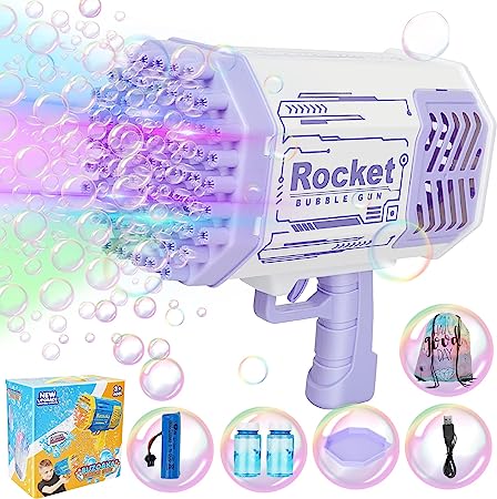 Photo 1 of Bubble Machine Gun, Bubble Gun with Lights Bubble Solution, 69 Holes Bubbles Maker for Adults Kids, Summer Toy Gift for Outdoor Indoor Birthday Wedding Party, Bubble Gun Blaster -Purple
