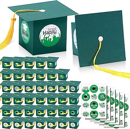 Photo 1 of 100 Pcs Graduation Cap Gift Boxes with Stickers Graduation Candy Box Class of 2023 Graduation Congrats Grad Cap Box for 2023 Graduation Gifts Congratulation Graduation Ceremony Party Decor (Green)
