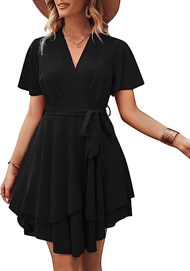 Photo 1 of Bequemer Laden Women’s Summer Casual Short Sleeve Deep Warp V Neck Mini Dress Tie Belted Waist Ruffle Swing Skater Dresses, XL
