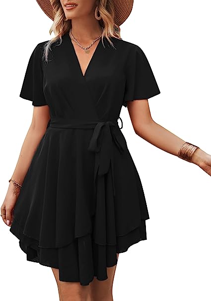 Photo 1 of Bequemer Laden Women’s Summer Casual Short Sleeve Deep Warp V Neck Mini Dress Tie Belted Waist Ruffle Swing Skater Dresses
