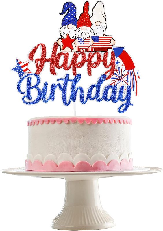 Photo 1 of 4th of July Happy Birthday Cake Topper Red White Blue Glitter, Patriotic Happy Birthday Cake Topper, Fourth of July Independence Day Birthday Party Cake Decorations,2 COUNT 
