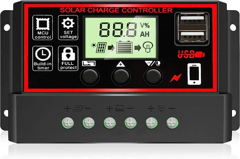 Photo 1 of [Upgraded] 30A Solar Charge Controller, Black Solar Panel Battery Intelligent Regulator with Dual USB Port 12V/24V PWM Auto Paremeter Adjustable LCD Display (30a)
