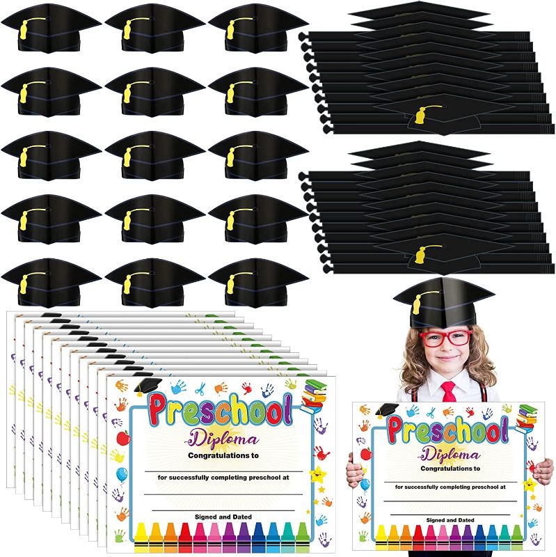 Photo 1 of 72 Pcs Kids Preschool Graduation Paper Hats Diploma Certificates Set Include 36 Graduation Caps 36 Preschool Diplomas Bulk Kindergarten Graduation Party Supplies (Black)
