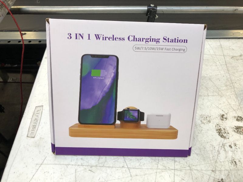 Photo 3 of Wireless Charging Station, OTESS Bamboo Wireless Charger, Fast 3 in 1 Wireless Charger Stand for iPhone 14/13/12/11/Pro/Max/XS/XR/X/8/Plus, for Apple Watch 7/6/5/4/3/2/SE, for AirPods 3/2/Pro
