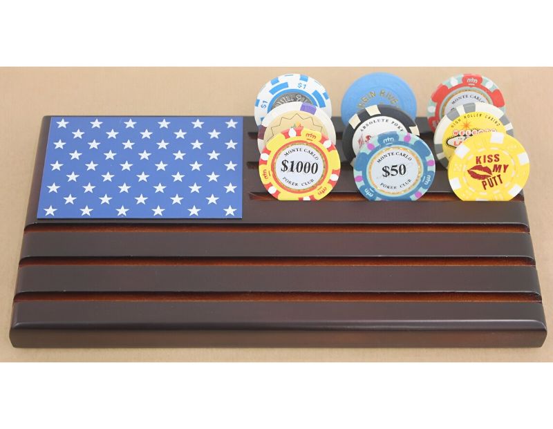 Photo 1 of  American Flag Wood Stand 6 Rows Military Challenge Coin Holder Display Rack Wooden Army Coin Case, Holds 30-36 Coins
