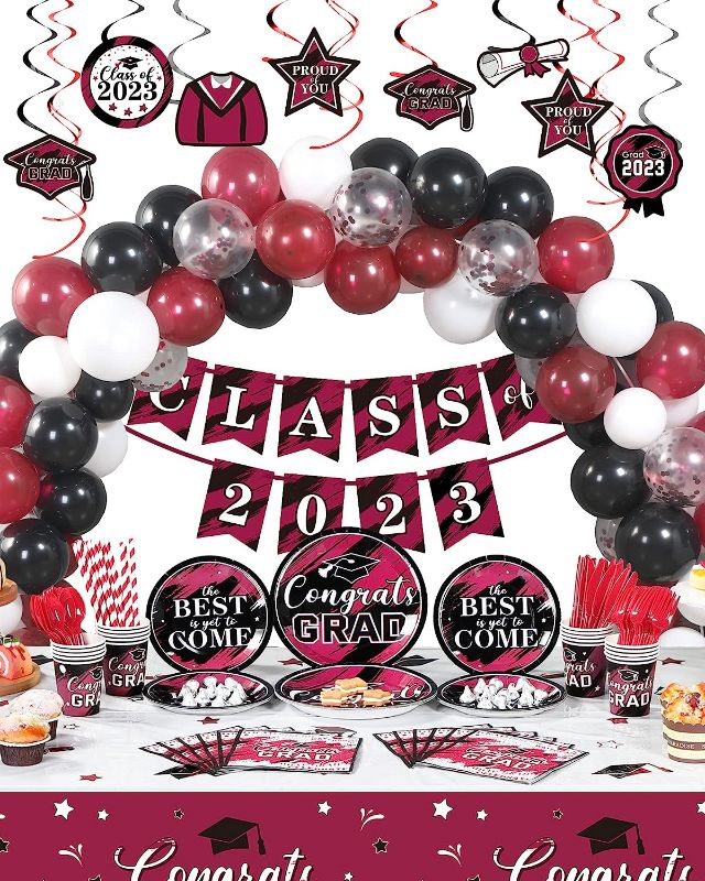 Photo 1 of 294 Pcs Graduation Party Decorations Class of 2023 Graduation Party Supplies Including Graduate Tableware Balloons Paper Plates Napkins Cups Plastic Tablecloth Banner Hanging Swirls (Red)