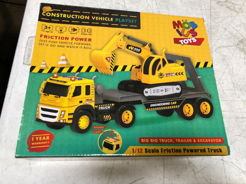 Photo 2 of Flatbed Truck w/Excavator Tractor - 1:12 Scale Large Size Toys - Push and Go Toy Trucks, Construction Trucks for Toddlers, Boys and Girls Kids Ages 3 4 5 Years Old, Friction Truck w/Lights & Sounds
